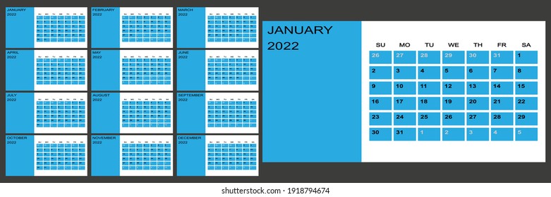 Calendar 2022 yearly. Week starts on Sunday. Vector illustration.