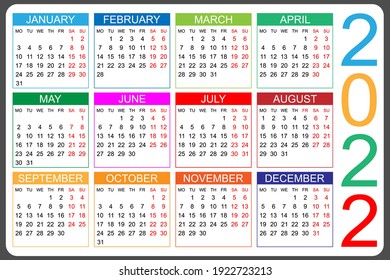 Calendar 2022 yearly. Week starts on Monday. Vector illustration.