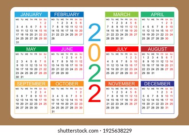 Calendar 2022 yearly. Week starts on Monday. Vector illustration.