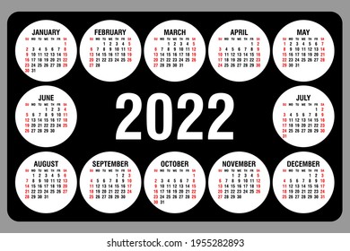 Calendar 2022 yearly. Week starts on Sunday. Vector illustration.