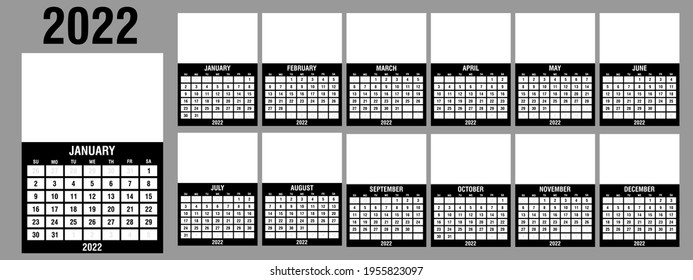 Calendar 2022 yearly. Week starts on Sunday. Vector illustration.