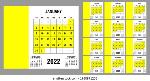 Calendar 2022 yearly. Week starts on Sunday. Vector illustration.