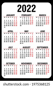 Calendar 2022 yearly. Week starts on Monday. Vector illustration.