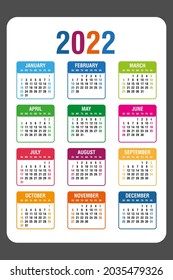 Calendar 2022 yearly. Week starts on Sunday. Vector illustration.
