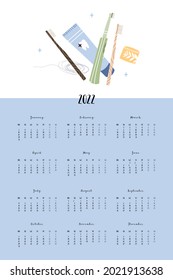 Calendar 2022,12 months. Week start from Monday. Event planner, organizer, schedule page design, weekly timetable. Oral care, dental hygiene, teeth health, toiletry. Vector flat cartoon illustration