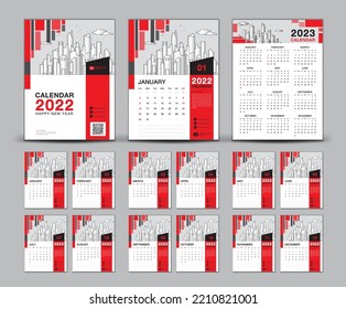 Calendar 2022-2023 design set and red cover calendar 2022 template, Week starts Sunday, Wall calendar 2022 year, set desk calendar design, planner, printing, poster, advertisement, vector eps10