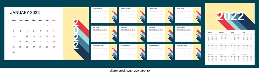 calendar of 2022.vector of desk calender and poster calendar 2022.set of 12 month template. week start on monday. sunday as weekend. good for schedule, daily log, planner, etc.