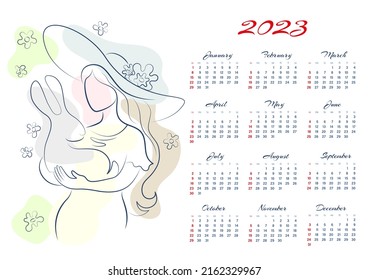 Calendar 2023 For 12 Months On One Sheet. Romantic Woman Holds A Rabbit In Her Arms - A Symbol Of The Year. Horizontal Layout.