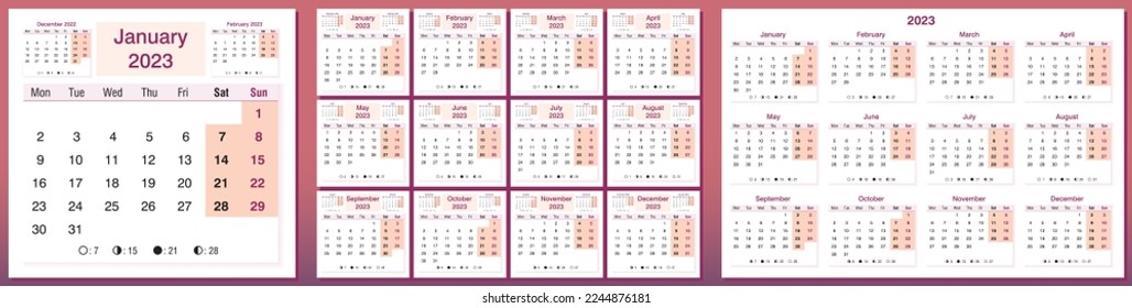 Calendar 2023. 12 months. Week start Monday. Pink and violet calendar. Optimistic 2023. Calendar with moon phases.  Design template vector for calendar. Full moon and new moon in the 2023 year.