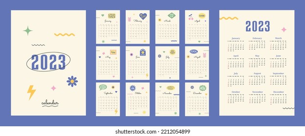 Calendar 2023 In 1990s Style With Square Grid And Retro Stickers With Positive Phrases. Week Start On Sunday. Set Of 12 Months, Cover And One Sheet Of The Year. Template For A4 A3 A5 Size