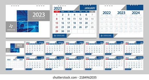 Calendario 2023, 2024, 2022 semana inicio domingo vector de plantilla de diseño corporativo. Calendario del escritorio.