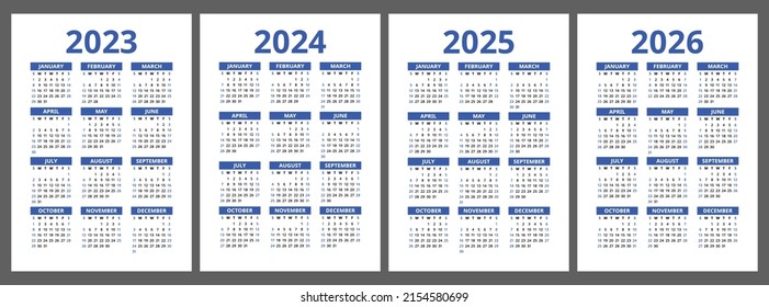 Calendar 2023, 2024, 2025 and 2026. Blue color vector pocket calender design set. Week starts on Sunday. January, February, March