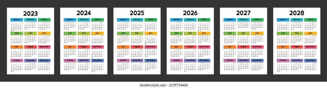 calendar 2023, 2024, 2025, 2026, 2027, 2028, week starts on Monday, basic template with a bright multicolored design. vector illustration svg