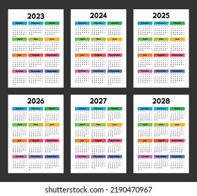 calendar 2023, 2024, 2025, 2026, 2027, 2028, week starts on Monday, basic template with a bright multicolored design. vector illustration