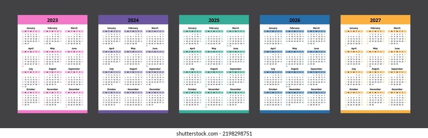 Calendar 2023, 2024, 2025, 2026, 2027. Colorful calendar template design. Week start on Sunday.