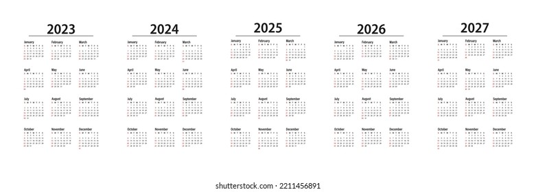 Calendario 2023, 2024, 2025, 2026, 2027. La semana empieza el domingo. Plantilla de planificador de diseño corporativo.