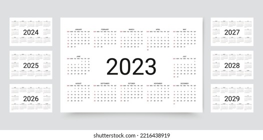 Calendar for 2023, 2024, 2025, 2026, 2027, 2028, 2029 years.  Week starts Sunday. Simple calender layout. Desk planner template with 12 months. Yearly diary. Organizer in English. Vector illustration. svg