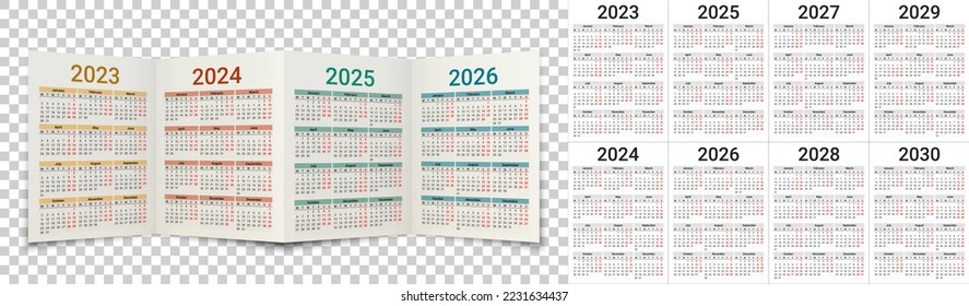 Calendario para 2023, 2024, 2025, 2026, 2027, 2028, 2029 y 2030. Conjunto de plantillas vectoriales y un ejemplo de diseño en forma de folleto para 4 spreads. Redes de calendario para la poligrafía.