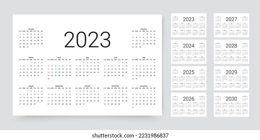 Calendar for 2023, 2024, 2025, 2026, 2027, 2028, 2029, 2030 years.  Week starts Sunday. Simple calender layout. Desk planner template with 12 months. Yearly diary organizer. Vector illustration. svg