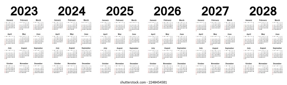 Calendar 2023, 2024, 2025, 2026, 2027, 2028 years week start Sunday svg