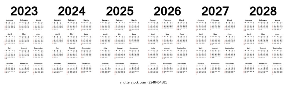 Calendar 2023, 2024, 2025, 2026, 2027, 2028 years week start Sunday