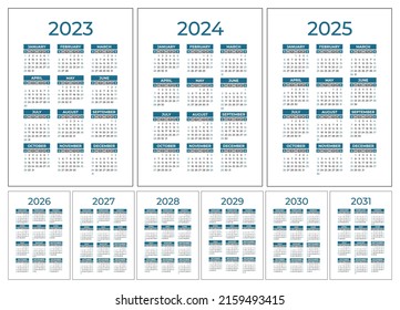 Calendar 2023, 2024, 2025 to 2031. Color vector pocket calender design. Week starts on Sunday. January, February, March, April, May, June, July, August, September, October, November, December