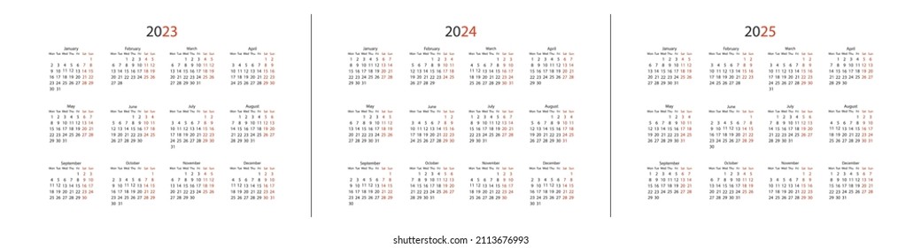 Calendar 2023, 2024 and 2025, week start Monday. Vector corporate design planner template.