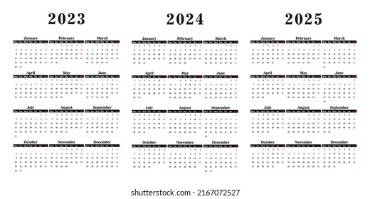 calendar 2023, 2024 and 2025, week starts on Monday, basic business template. vector illustration