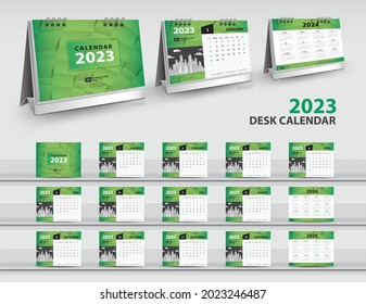 Calendar 2023, 2024, 2025 year template, 3d mockup desk calendar 2023, Wall Calendar design, Green cover design, Set of 12 Months, Week starts Sunday, Planner, Yearly organizer, Stationery, vector