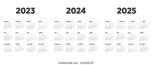 Calendario 2023, 2024, 2025 año. La semana comienza el domingo. Ilustración vectorial aislada sobre fondo blanco para Estados Unidos. Idioma inglés