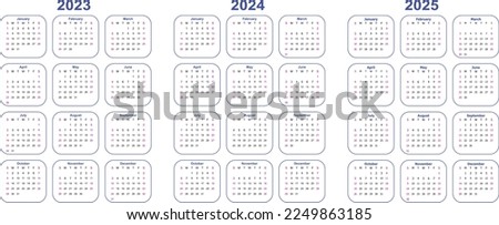 Calendar 2023, 2024, 2025 year - vector illustration. Annual calendar 2023 2024 2025 template. 
Calendar design in black and blue colors, Sturdy  Sunday in red colors. Vector