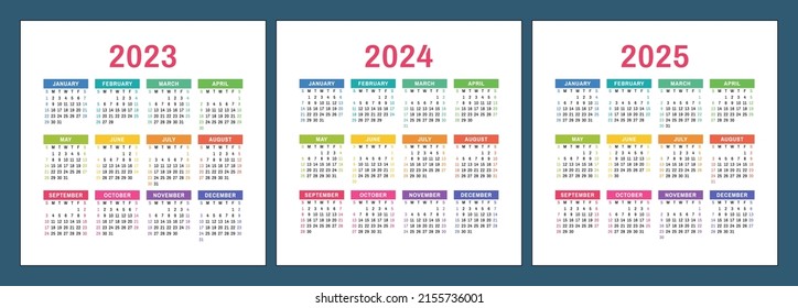 Calendar 2023, 2024 and 2025 years. Square vector calender design template. English colorful set. Week starts on Sunday