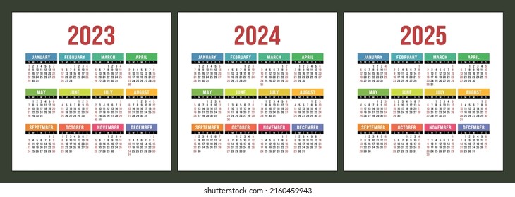 Calendar 2023, 2024 and 2025 years. Square vector calender design template. English colorful set. January, February, March, April, May, June, July, August, September, October, November, December