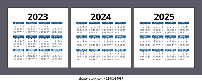 Calendario 2023, 2024 y 2025 años. Plantilla de diseño de calénder de vector cuadrado. Juego de palabras en inglés. Enero, febrero, marzo, abril, mayo, junio, julio, agosto, septiembre, octubre, noviembre, diciembre