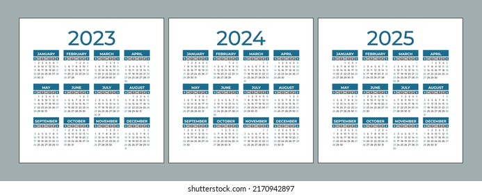 Calendario 2023, 2024 y 2025 años. Plantilla de diseño de calénder de vector cuadrado. La semana comienza el domingo. Enero, febrero, marzo, abril, mayo, junio, julio, agosto, septiembre, octubre, noviembre, diciembre