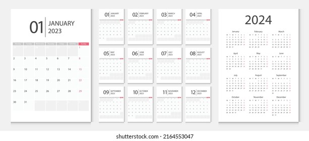 Calendar 2023, calendar 2024 week start Monday corporate design template vector.