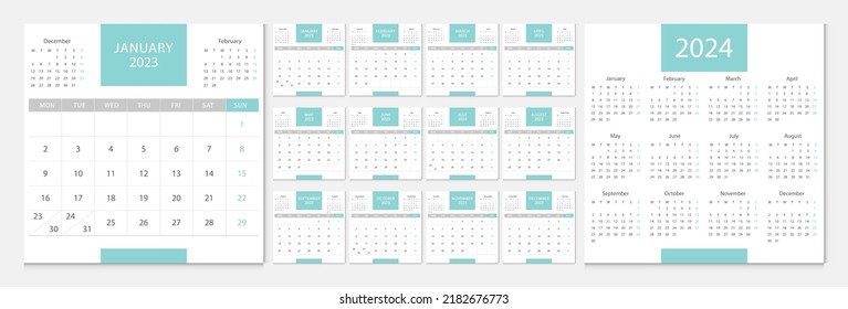 Calendar 2023, calendar 2024 week start Monday corporate design template vector.