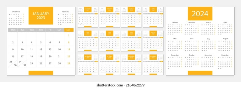 Calendar 2023, calendar 2024 week start Monday corporate design template vector.