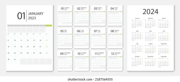 Calendario 2023, calendario 2024 semana inicio lunes planeamiento de plantilla de diseño corporativo vector.