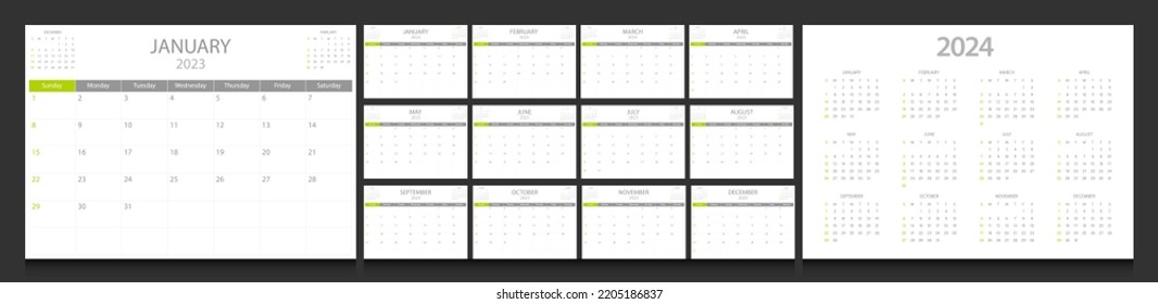 Calendar 2023, calendar 2024 week start Sunday corporate design planner template.