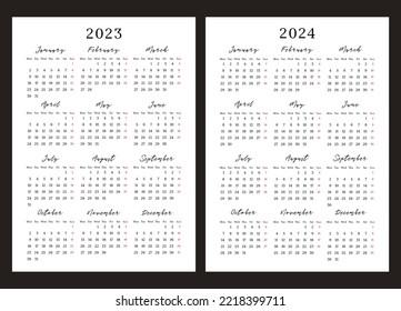 calendar 2023 and 2024, week starts on Monday, basic business template. vector illustration