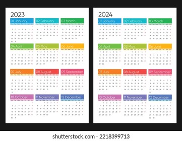 calendar 2023 and 2024, week starts on Monday, basic business template. vector illustration