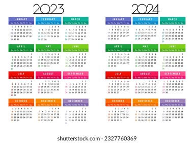 Calendar 2023 - 2024 year, editable template week start sunday, color square months. Template design for business schedule or diary. Vector Illustration