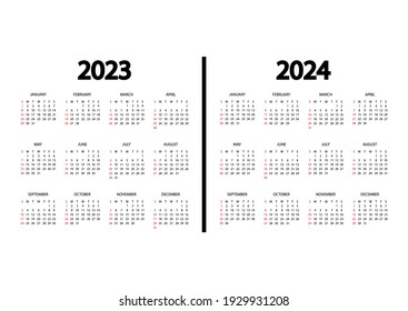 Calendario 2023, 2024 año. La semana empieza el domingo. Plantilla de calendario anual. Calendario anual en inglés. Diseño de simulación de calendario en colores blanco y negro, vacaciones en colores rojos. Vector