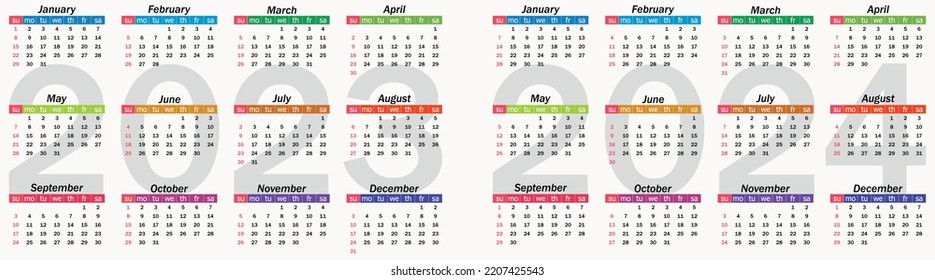 Calendar 2023 and 2024 yearly. Week starts on Sunday with black numbers. Vector illustration.