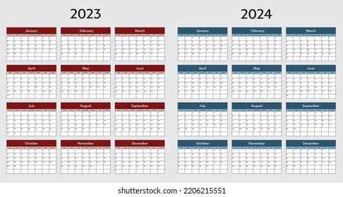 Calendar for 2023 and 2024 years in english template