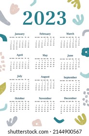 Calendario 2023 botánico abstracto con textura. Una hoja vertical con todos los meses. La semana empieza el domingo. A4 A3 A2 A5. Ilustración vectorial de estilo moderno en tonos pastel. Diseño minimalista