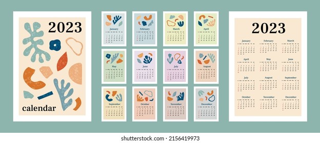 Calendar 2023 With Abstract Organic Elements And Texture. Week Start On Sunday. Set Of 12 Months, Cover And One Sheet Of The Year. Template For A4 A3 A5 Size. Vector Illustration In Trendy Style