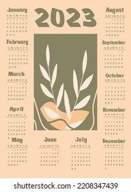 Calendar 2023 with abstract plants. Week starts on Sunday. Vector illustration in vertical format.