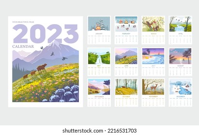 Calendario para 2023 con naturaleza asombrosa y animales. Conjunto de páginas durante 12 meses de 2023. La semana comienza el domingo. Ilustración del vector